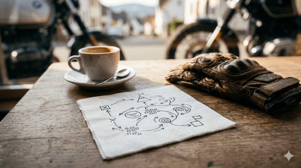 Magazin 22 Skizze eines KI-Workflows neben Motorradhandschuhen und Kaffee