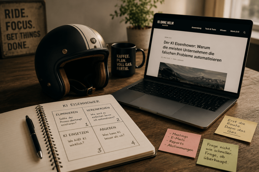 KI-Eisenhower-Matrix mit Laptop, Motorradhelm und Notizbuch