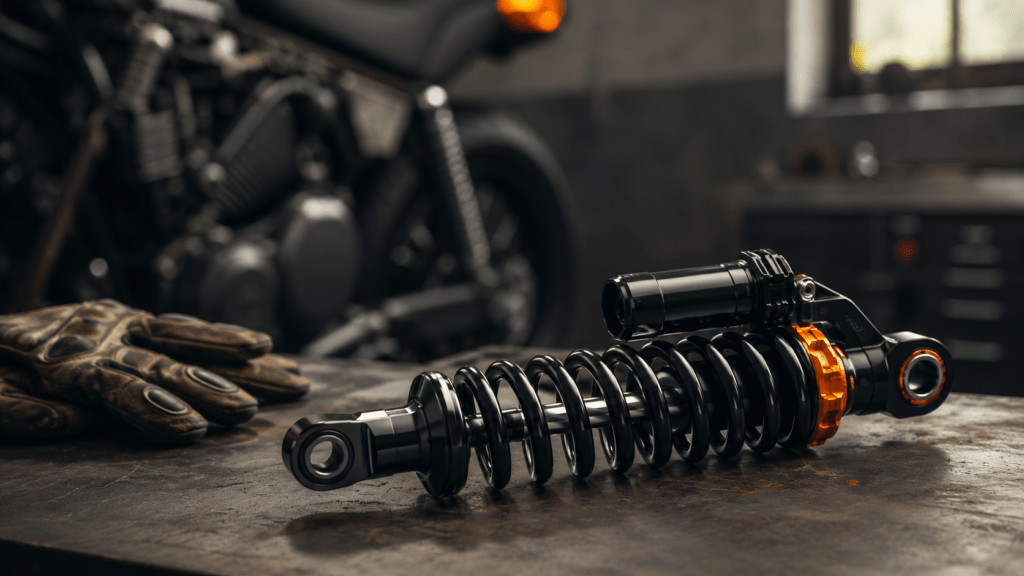 Warum KI nicht dein Problem löst 2 Motorradfederbein auf einer Werkbank