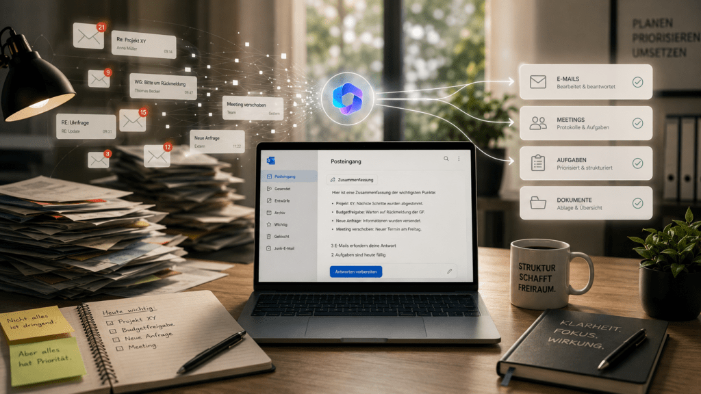 Microsoft Copilot im Kanzlei-Alltag: Was ich täglich nutze und was nur Marketing ist 6 Laptop mit Microsoft Copilot zwischen Aufgaben und Notizen