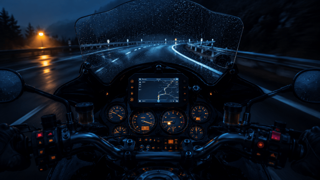 Motorradcockpit mit Navigation bei Nacht und Regen